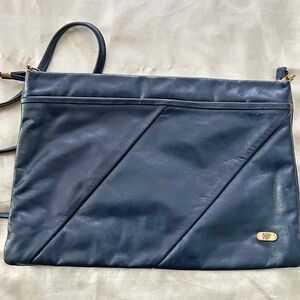 SHOULDER BAG, LEATHER, NAVY, TOP ZIPPER, LONG STRAP, HAS POCKETS, TAG ON, NEW